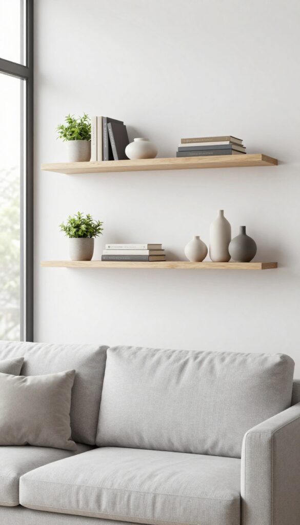 Bright living room with two slim floating wooden shelves above a light gray sofa, styled with a small plant, books, and a ceramic vase, bathed in natural light.