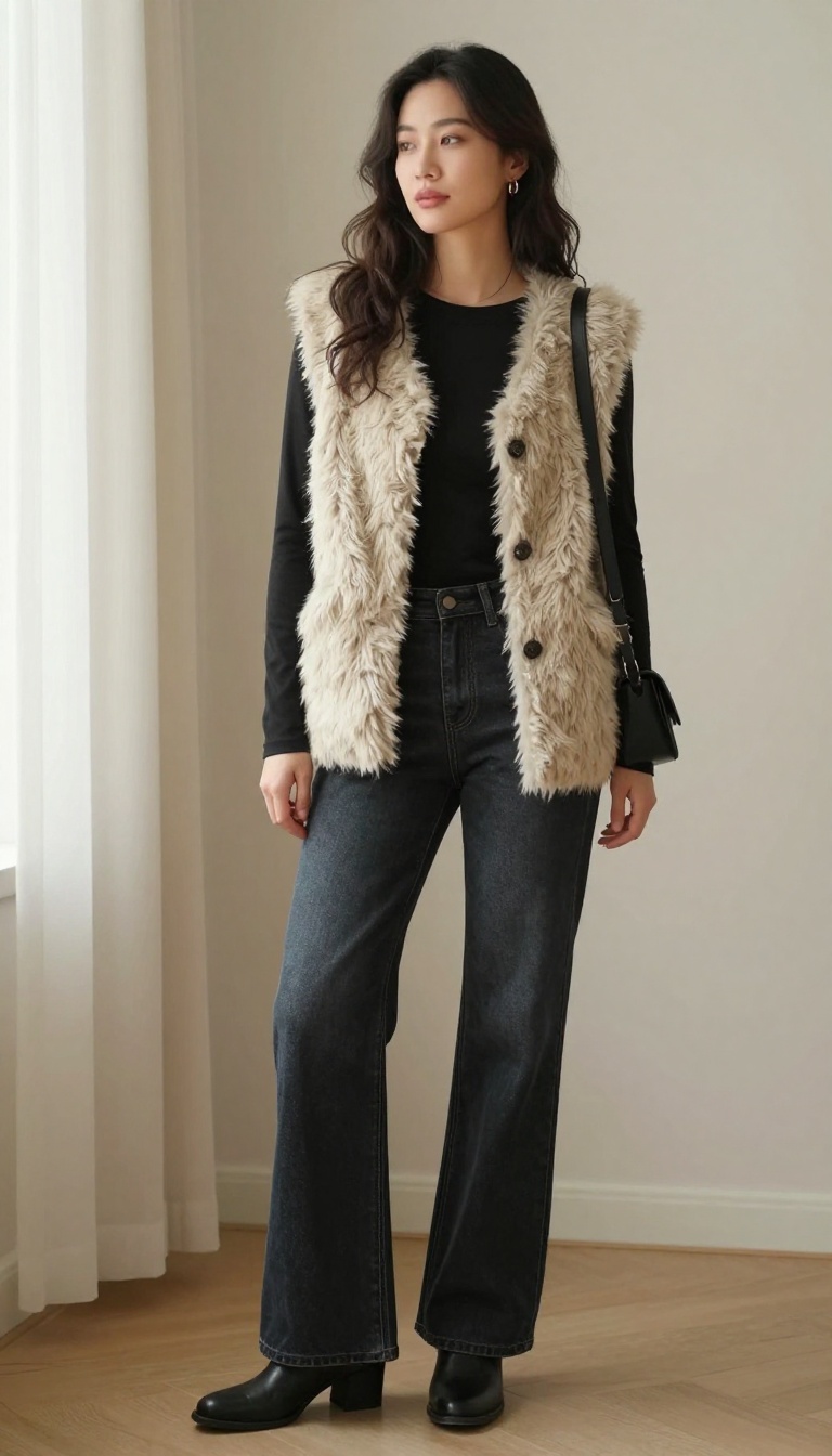 10. Faux Fur Vest Over a Long-Sleeve Tee and Flared Jeans
