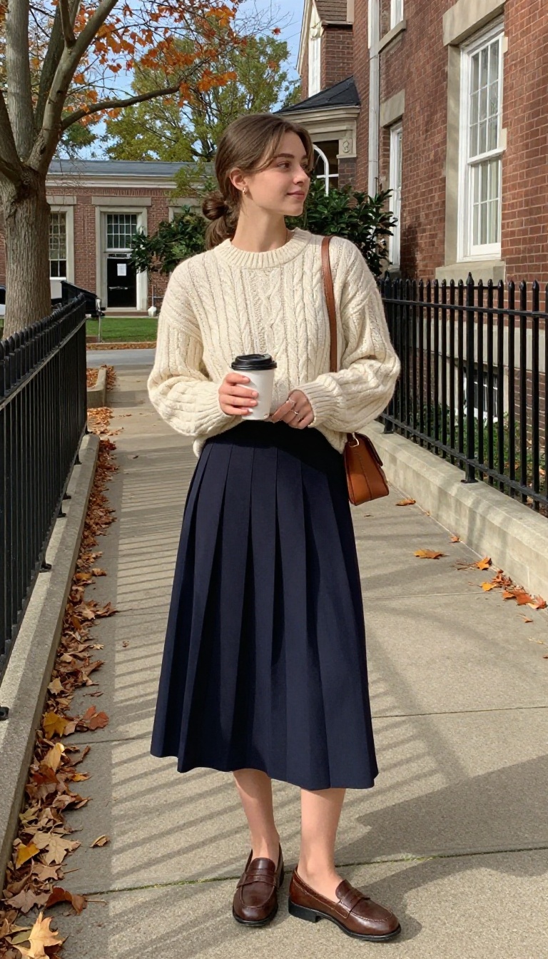 2. Cable-Knit Sweater with Pleated Midi Skirt