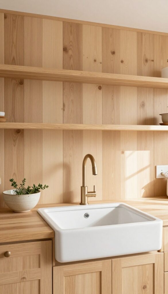 Cozy kitchen with a warm light oak wood panel backsplash behind a white farmhouse sink in bright natural light