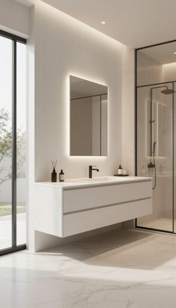 Bright modern bathroom with a white vertical fluted ribbed tile accent wall behind a floating vanity, natural light highlighting the textured grooves