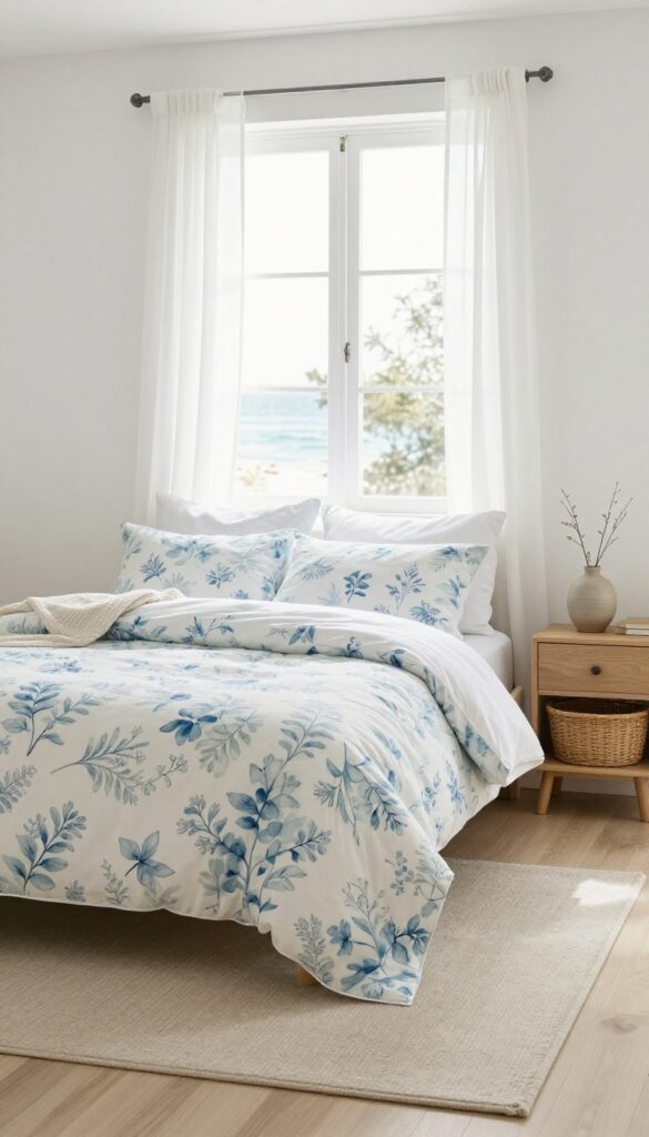 Bright coastal-inspired bedroom with faded blue floral bedding, light wood furniture, woven textures, and a neutral rug in soft natural light