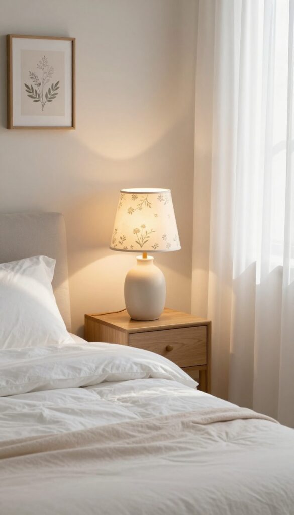 A softly glowing bedside lamp with a cream floral fabric lampshade casting warm diffused light in a bright, neutral bedroom with white bedding and botanical wall art