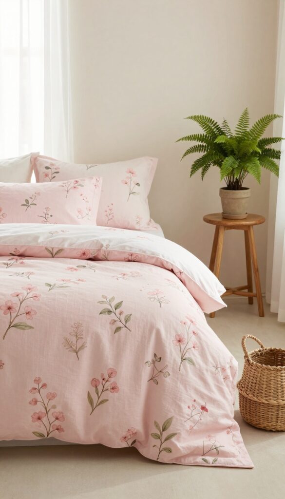 Nature-inspired bedroom with botanical pink floral and green leaf bedding, woven basket, and potted plant in bright natural light