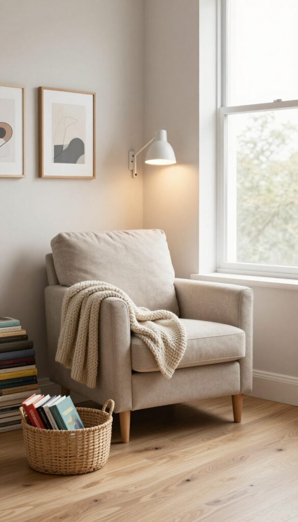 Cozy reading nook in a shared boys' bedroom with a neutral armchair, throw blanket, basket of books, stacked floor cushions, and a wall reading lamp in bright natural light