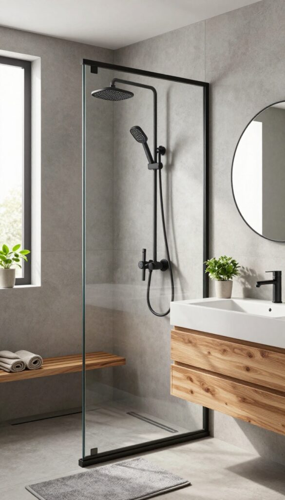 Modern bathroom shower with concrete-look wall panels, matte black fixtures, and warm wood accents in bright natural light