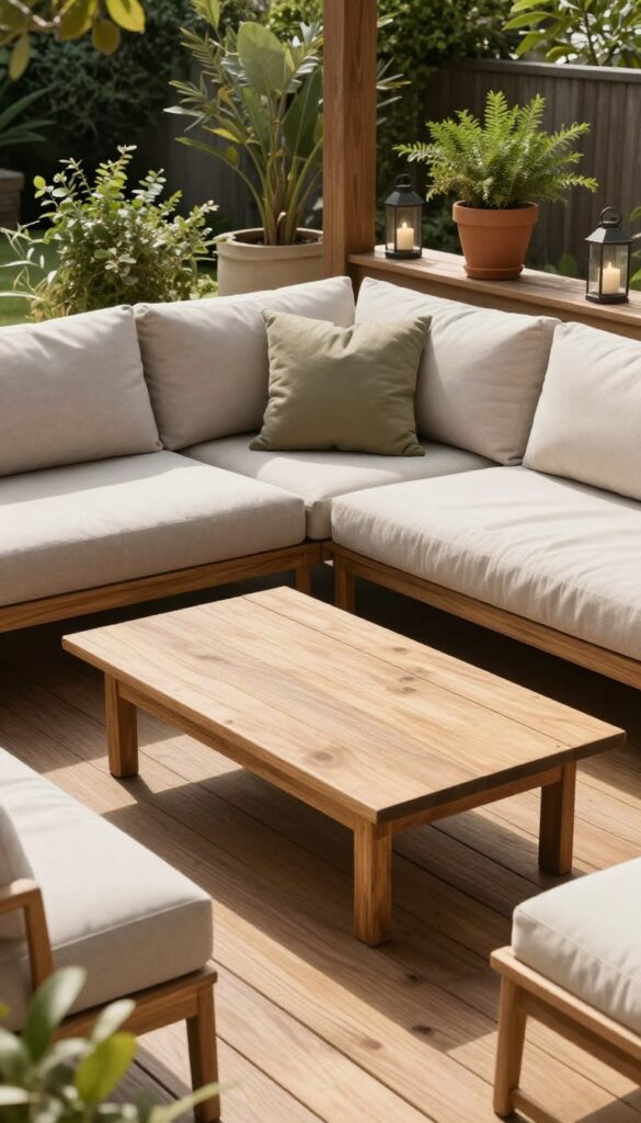 Cozy neutral outdoor sectional sofa with pillows and a low coffee table arranged on a sunlit wooden deck, creating a relaxed conversation area