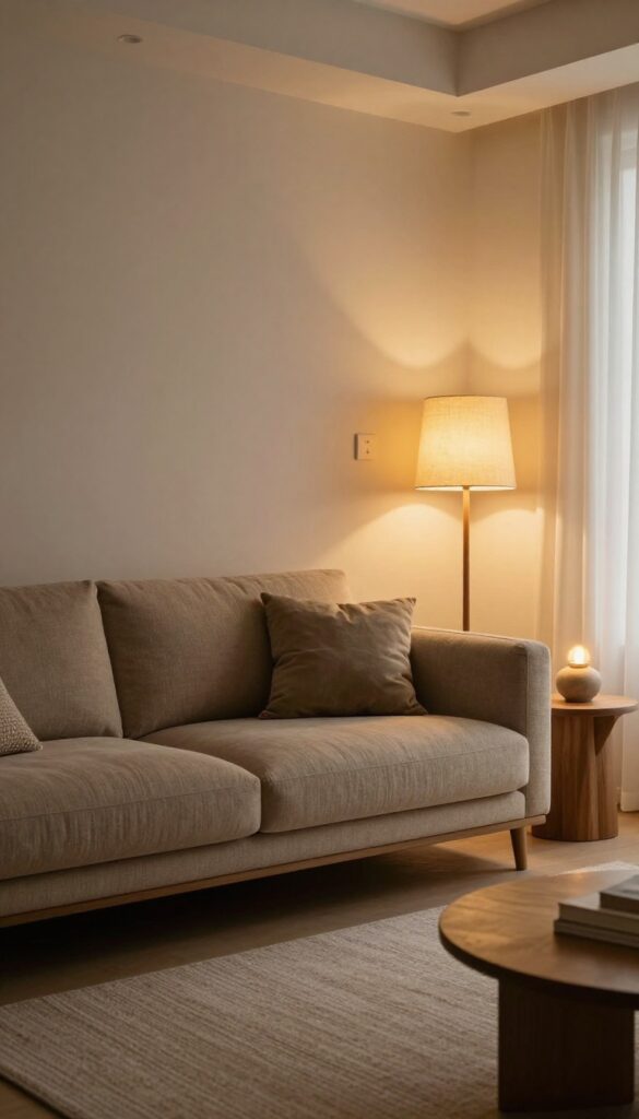 Elegant living room with a taupe sofa illuminated by layered warm lighting from a floor lamp, table lamp, and plug-in wall sconce, creating soft cozy shadows and highlighting the sofa's texture.