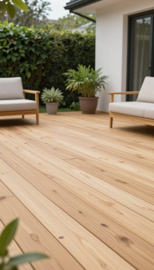 Bright natural wood deck with a transparent clear finish showing visible grain patterns, surrounded by green plants and neutral outdoor furniture in soft daylight