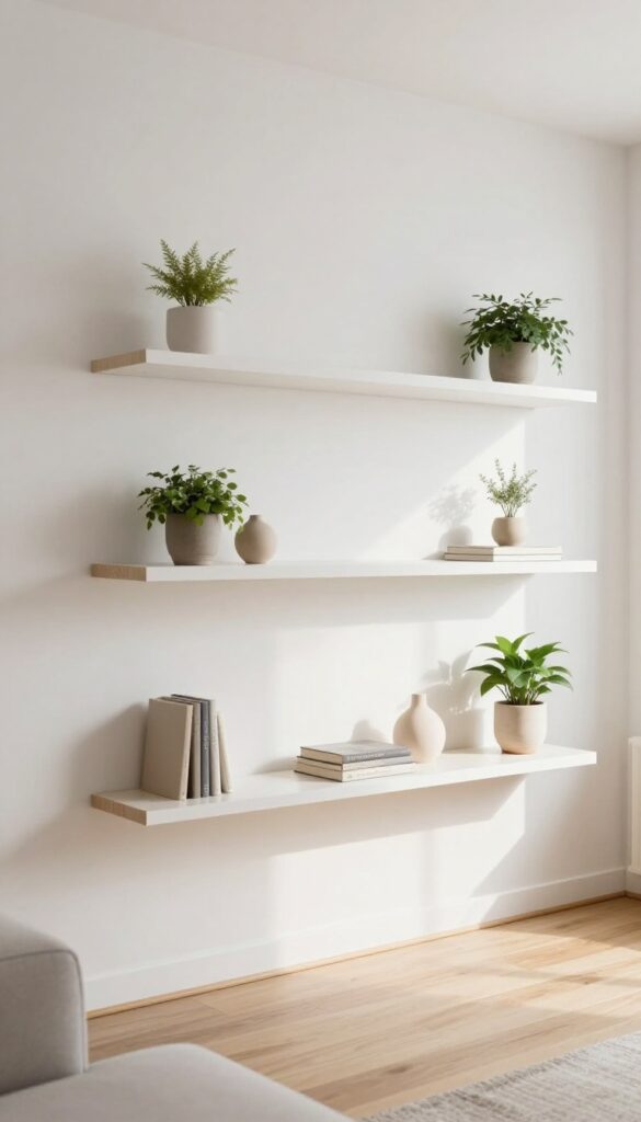 Minimalist white and wood box shelves mounted asymmetrically on a bright living room wall, holding small plants, neutral books, and simple ceramics in soft natural light.