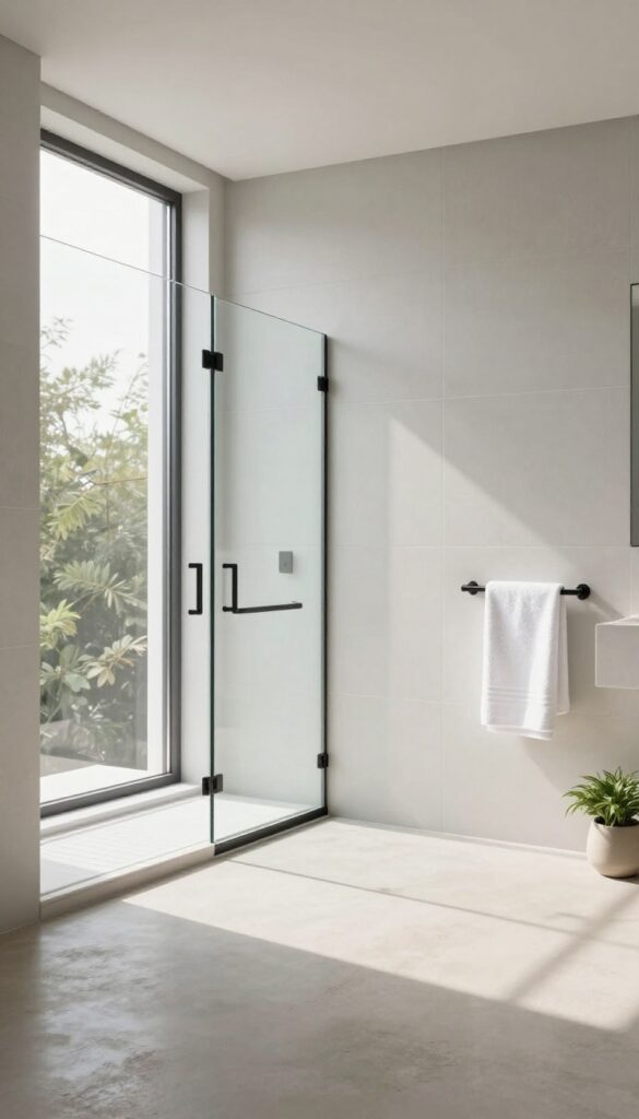 Bright modern bathroom with a frameless glass shower enclosure, matte black hardware, and clean tile walls in natural light.