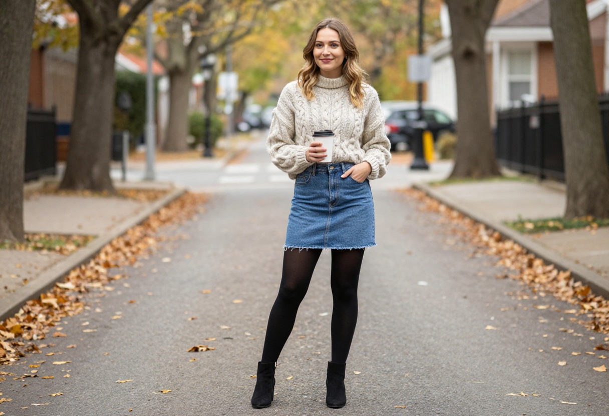 Woman wearing a short denim skirt, cable-knit sweater, tights, and ankle boots standing on an autumn street.