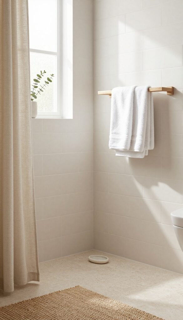 Bright tiny house bathroom with a light neutral palette, layered textures of linen, ceramic, and light wood, and soft natural daylight.