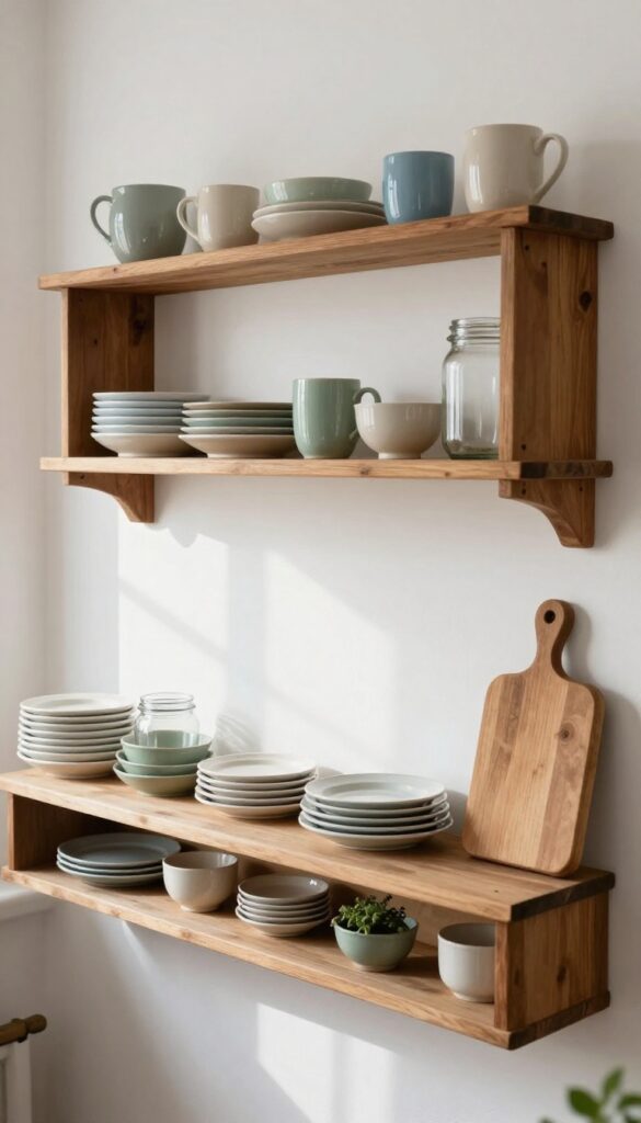 Vintage kitchen with antique-style open wooden shelving displaying mismatched thrifted ceramic dishware, glass jars, and a cutting board in bright natural light.