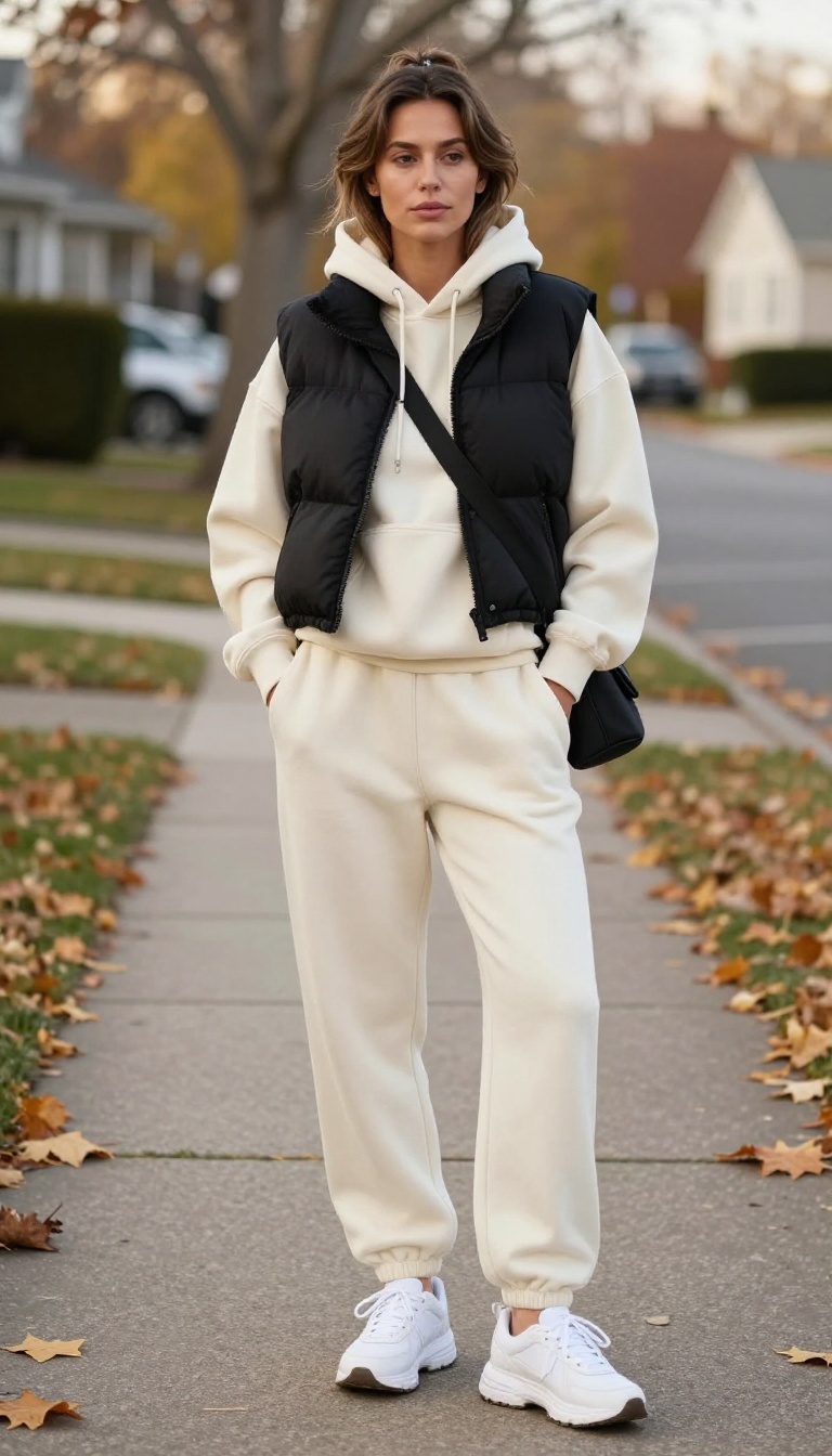 6. Cropped Puffer Vest Over a Hoodie and Sweatpants
