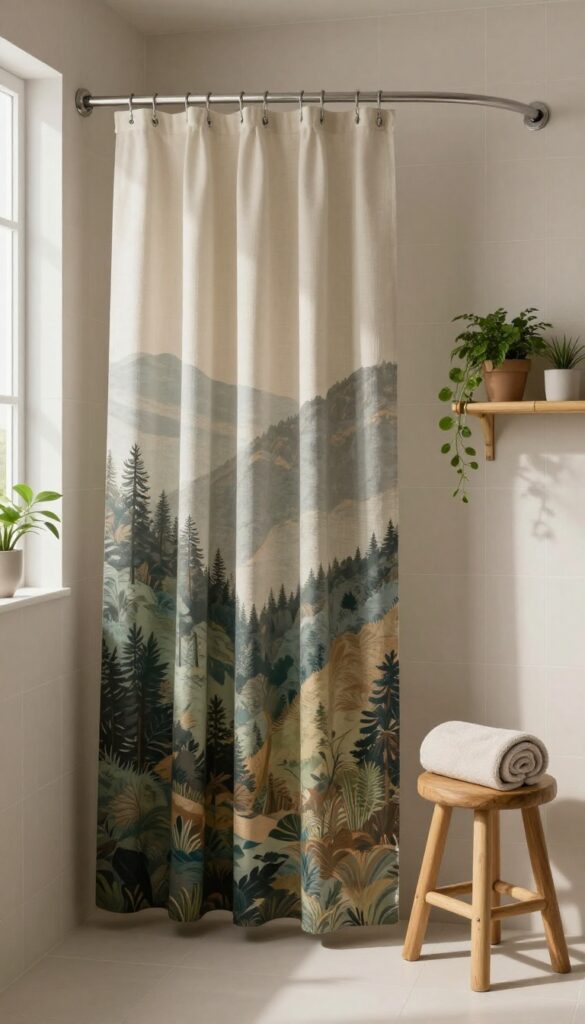 Bright bathroom with a canvas shower curtain printed with forest and mountain scenery, wooden stool, bamboo shelf, and potted plants in soft neutral tones