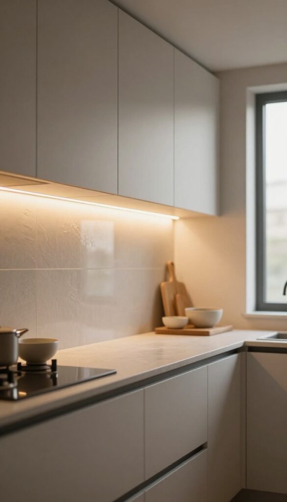 Small modern kitchen with warm under-cabinet lighting glowing over a clean countertop and backsplash at dusk