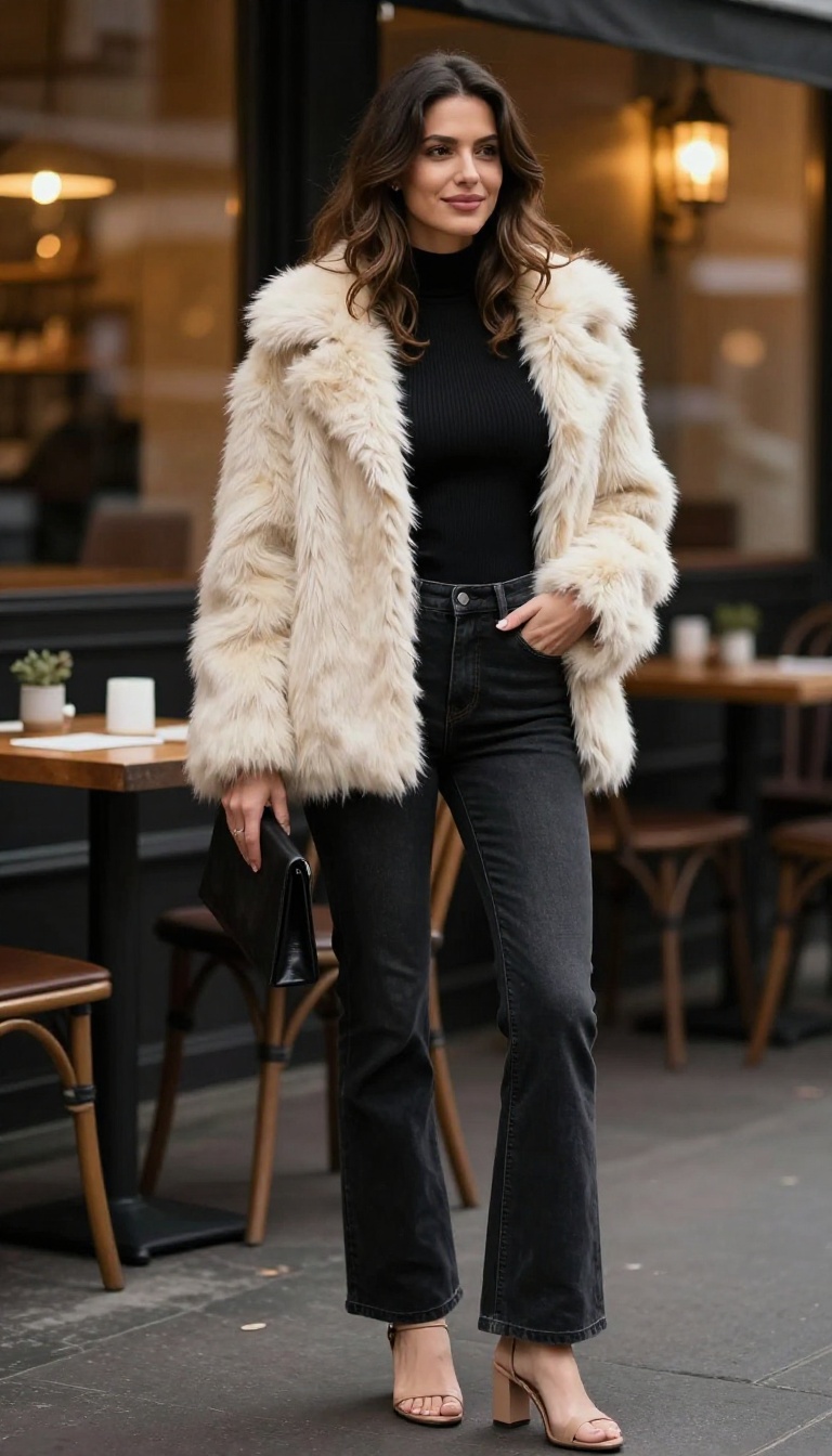 11. Flared Jeans + Ribbed Bodysuit + Faux Fur Jacket + Ankle Strap Heels