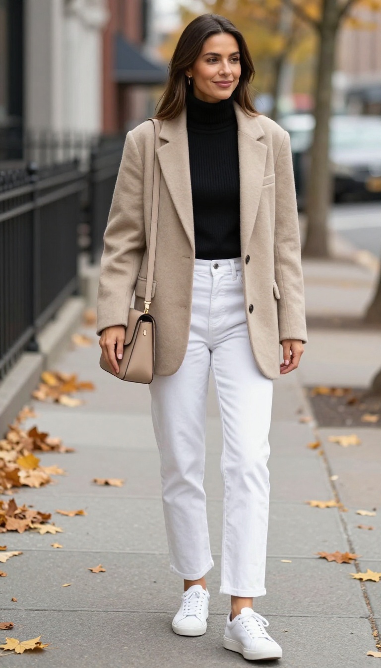 6. White Jeans with an Oversized Blazer and Sneakers
