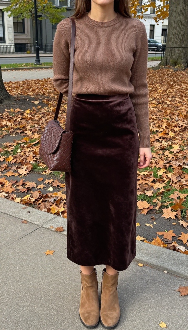 9. Monochrome Brown Velvet Skirt with a Matching Knit Top