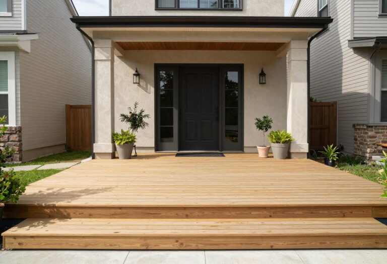 Stylish front deck with a wide step platform and warm wood decking, bright natural light, welcoming home entrance