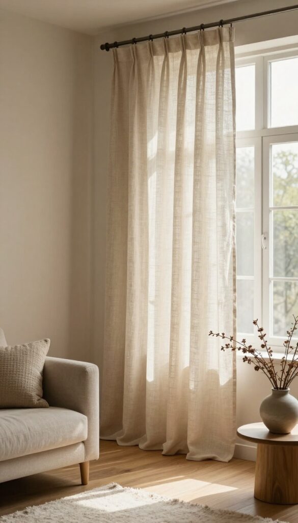 Cozy small living room with floor-length neutral linen curtains hung high and wide above a small window, letting in soft natural light