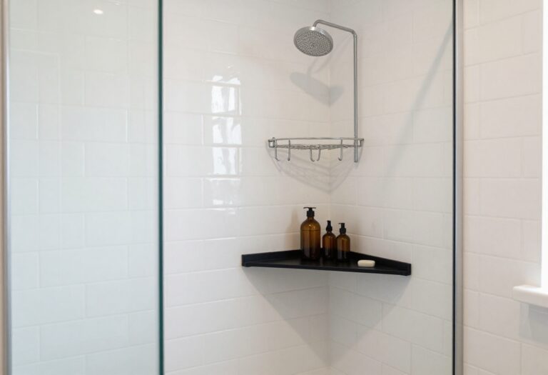 Small shower with a slim corner shelf and a hanging caddy keeping toiletries neatly organized in bright natural light