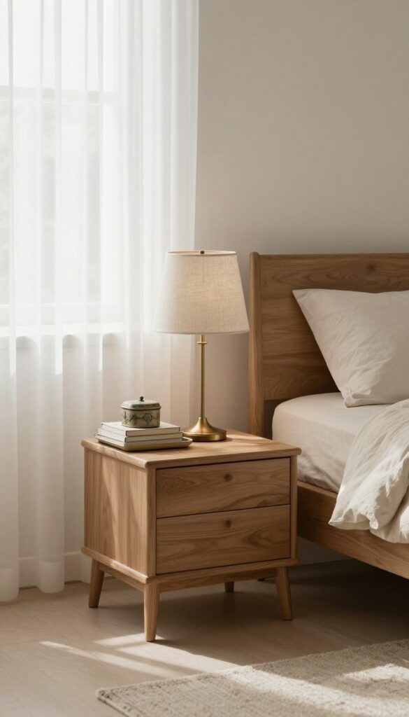 Bright modern vintage bedroom with a sleek wooden nightstand styled with an antique brass lamp, books, and a vintage ceramic box in soft natural light