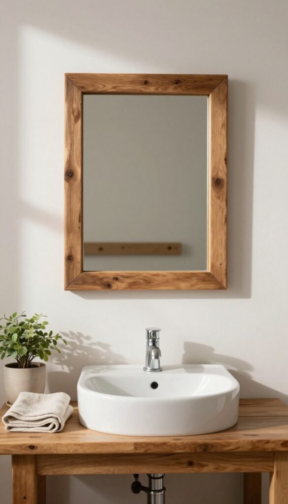 Small rustic bathroom with a thick weathered wood-framed mirror above a white sink, bright natural light and cozy wood textures