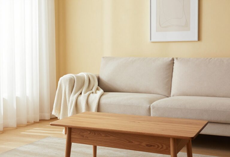 Sunlit living room with a soft butter yellow accent wall behind a beige sofa, walnut coffee table, and warm neutral decor