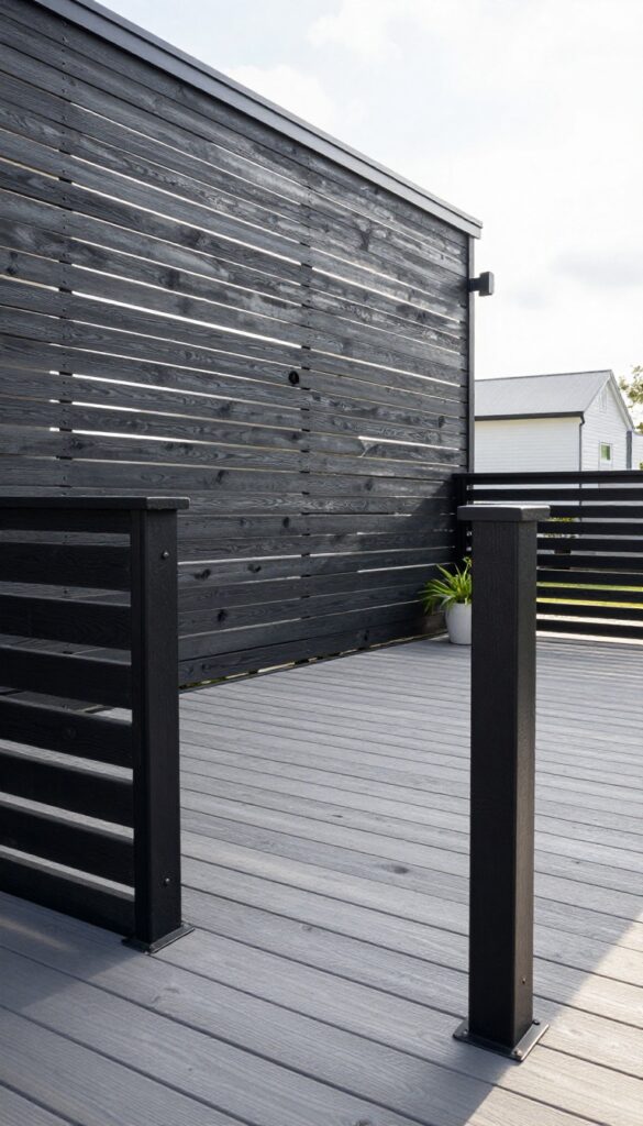 Modern front deck with horizontal black slat railings on a farmhouse home, bright natural light, styled with potted plants
