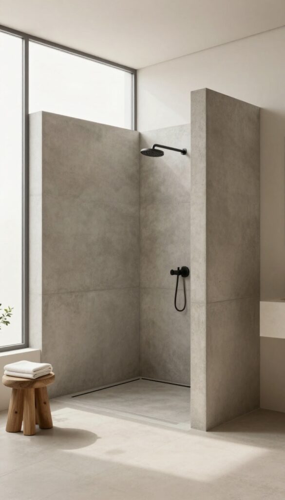 Minimalist open concrete shower with seamless gray walls, a walk-in layout, natural light, and simple neutral accessories.