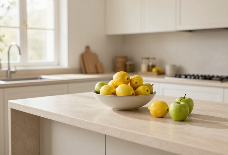 Oversized shallow bowl of fresh lemons, apples, and pears styled as a kitchen island centerpiece in a bright, clean kitchen