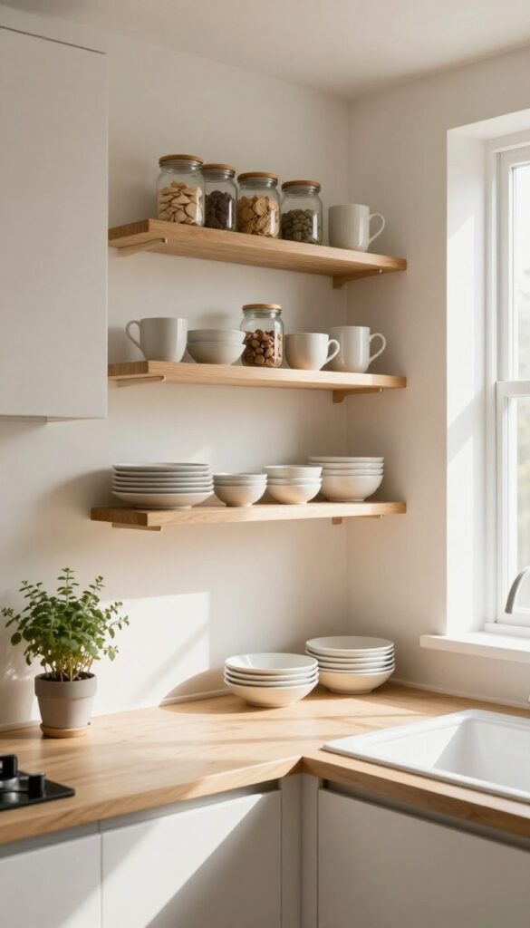Bright small kitchen with two floating wooden shelves holding neutral dishes and glass jars, mixed with a small section of upper cabinets near the sink.