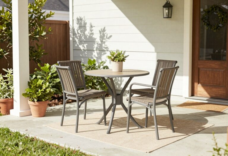 Cozy front yard sitting area with a small bistro table, two chairs, and an outdoor rug near the house entrance in bright natural light