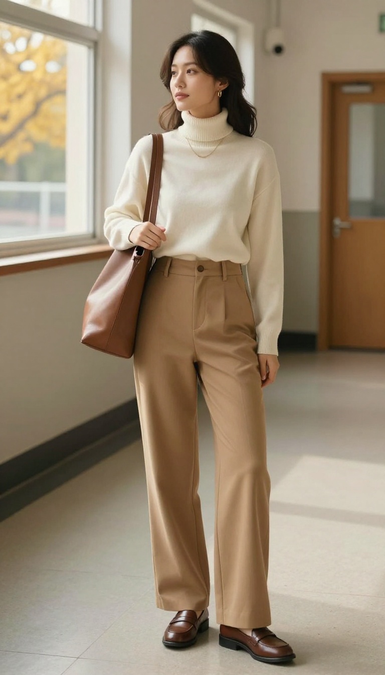 1. Camel Wide-Leg Trousers with a Cream Turtleneck