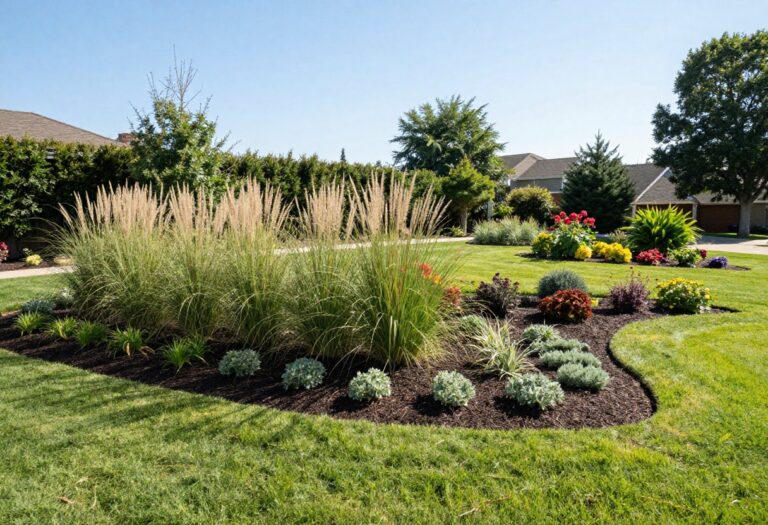 Large front yard with curved layered garden beds and defined landscaping zones in bright natural light