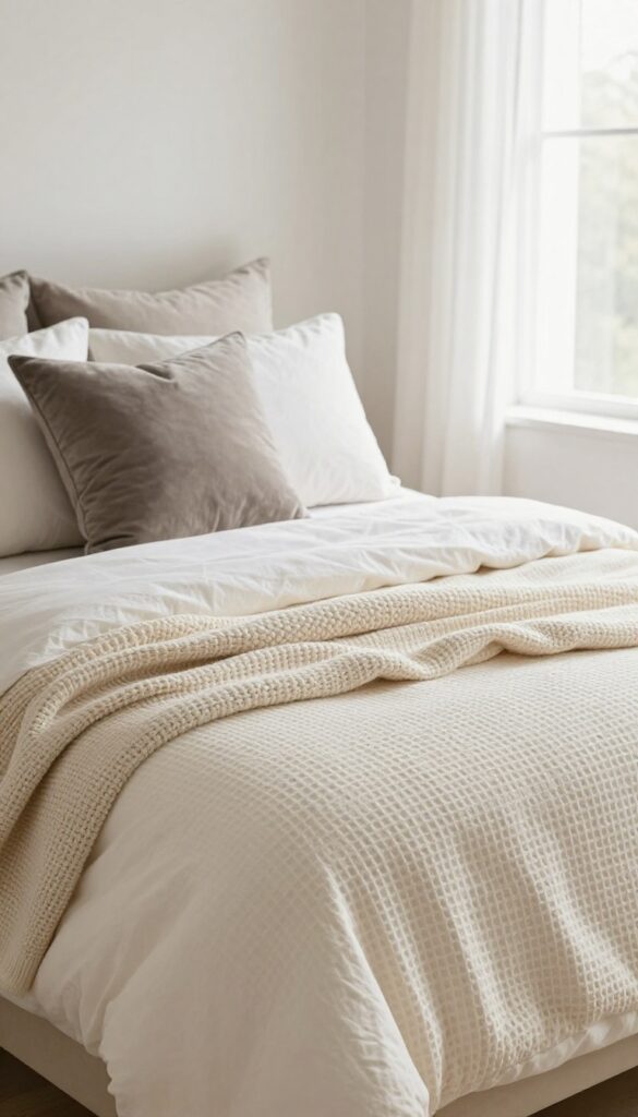 Bright bedroom with layered textured bedding including smooth cotton sheets, a cream waffle blanket, a chunky knit throw, and linen and velvet pillows in a neutral palette.