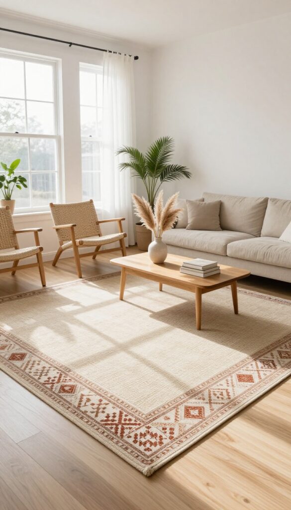Bright living room with a large neutral base rug and a smaller patterned rug layered on top, aligned with a linen sofa and woven chairs, styled with a coffee table and plants in natural light.