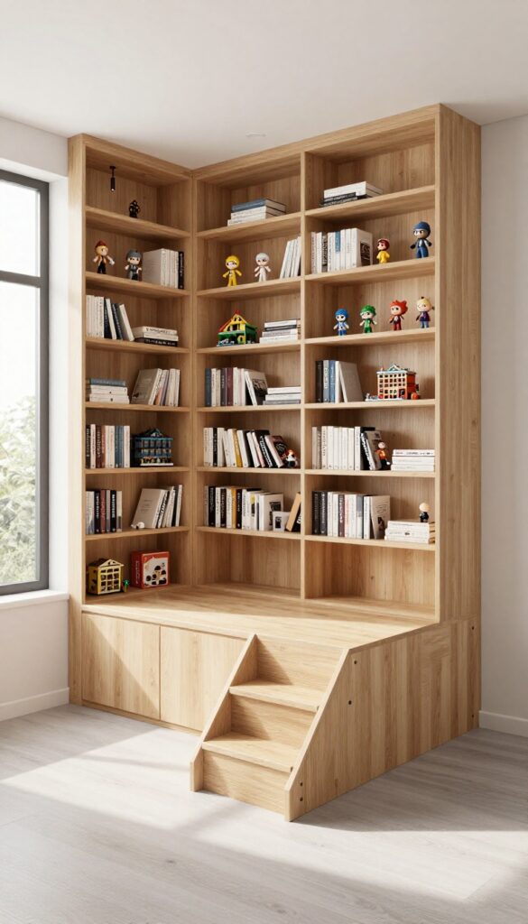 8. Loft With Built-In Shelving Wall idea