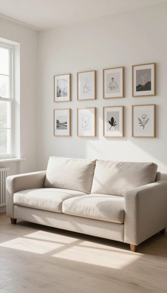 Relaxed living room with a structured square sofa beneath a neatly arranged gallery wall of simple frames in calm neutral tones, lit by bright natural light