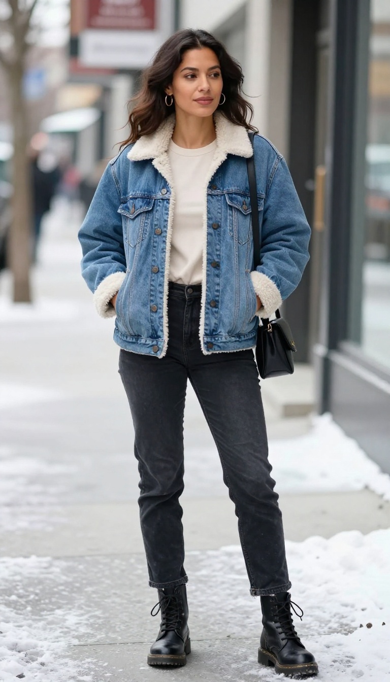 9. Sherpa-Lined Denim Jacket with High-Waisted Jeans and Combat Boots