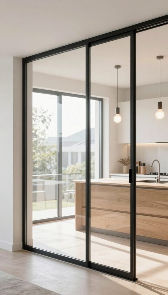 Bright modern kitchen separated from a living space by a clear glass partition wall with a slim black metal frame and sliding glass door, with warm pendant lights nearby.