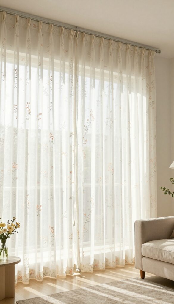 Bright living room with floor-touching sheer floral curtains hung near the ceiling, filtering natural light through tall windows and creating a sense of height and movement.