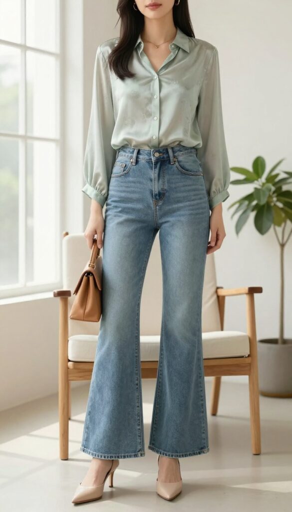 Woman in flared jeans and sage silk blouse with heeled mules and clutch, standing in bright room