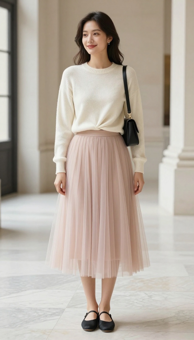 13. Tulle Skirt with a Sweater and Ballet Flats for a Dressy Casual Look