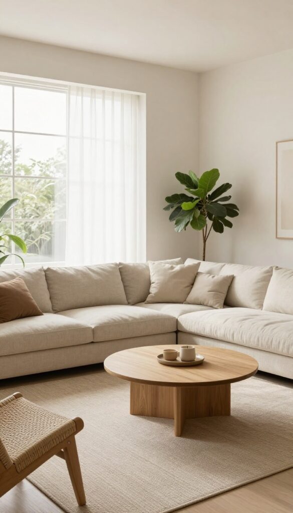 Bright living room with a light neutral L-shaped sectional sofa tucked into a corner, round coffee table, and an accent chair across from it.