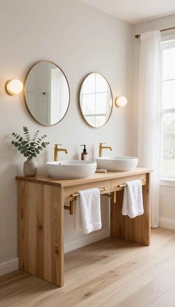 Bright bathroom with a floating wood double sink vanity, two white vessel sinks, round mirrors, and open floor space underneath in natural daylight