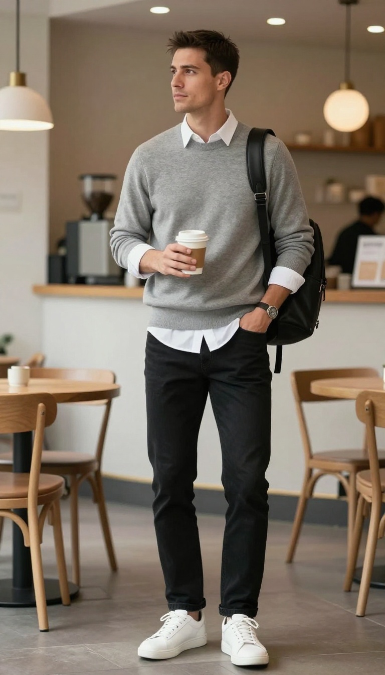 5. Grey Sweater with White Shirt and Black Jeans