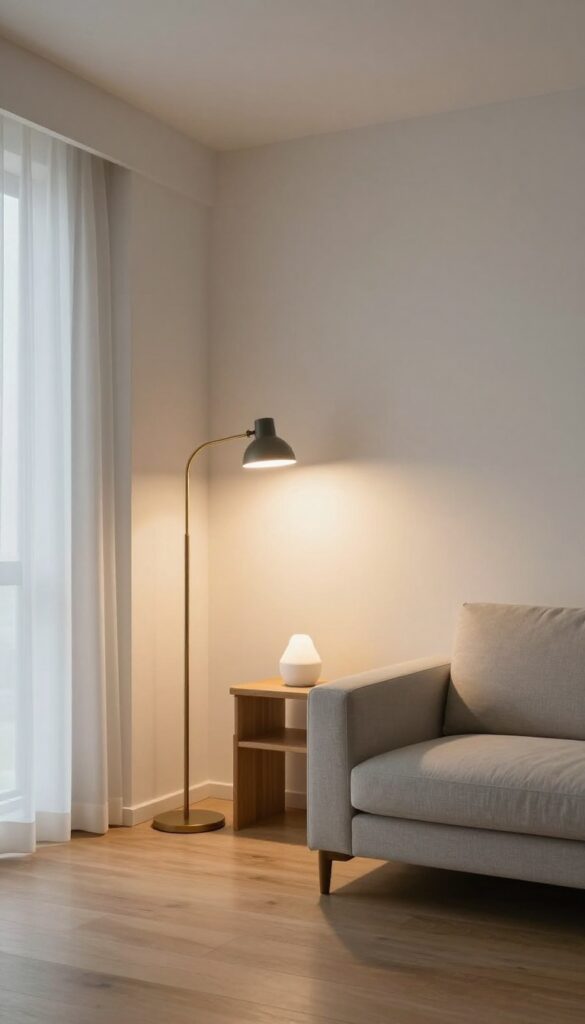 Modern small living room with layered lighting from a floor lamp, table lamp, and wall sconce instead of one overhead light, creating warm depth and a spacious feel.